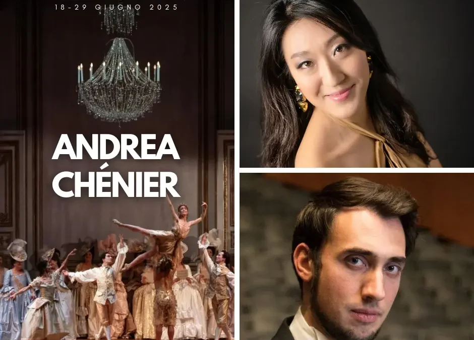 Adriano Gramigni and Vittoria Yeo in Giordano’s opera Andrea Chénier at Teatro Regio di Torino, June 2025 – promotional image featuring performers and a baroque dance scene