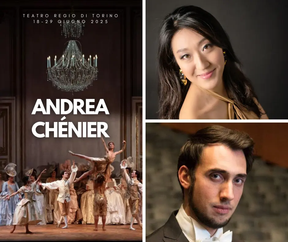 Adriano Gramigni and Vittoria Yeo in Giordano’s opera Andrea Chénier at Teatro Regio di Torino, June 2025 – promotional image featuring performers and a baroque dance scene